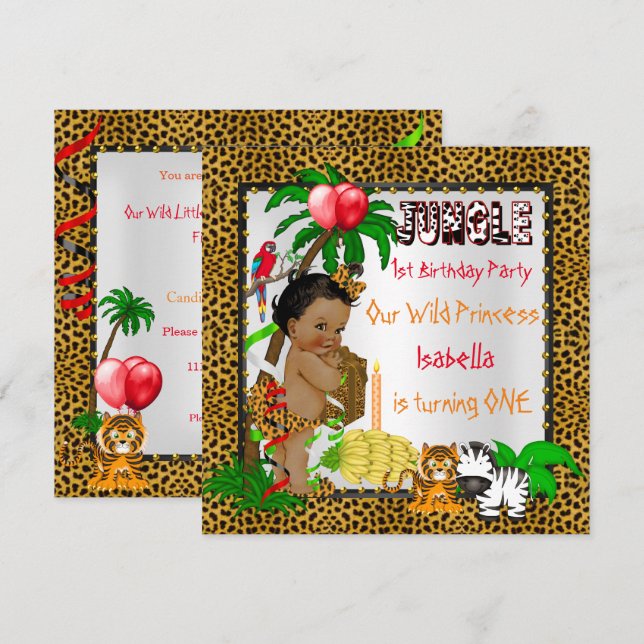 Invitation Première Anniversaire Leopard Jungle Safari Wild E (Devant / Derrière)