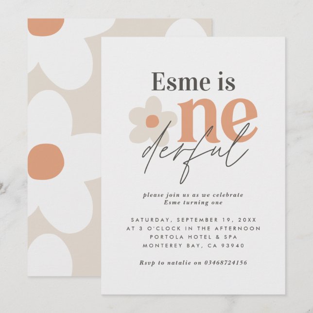 Invitation Première anniversaire marguerite boho rétro terrac (Devant / Derrière)