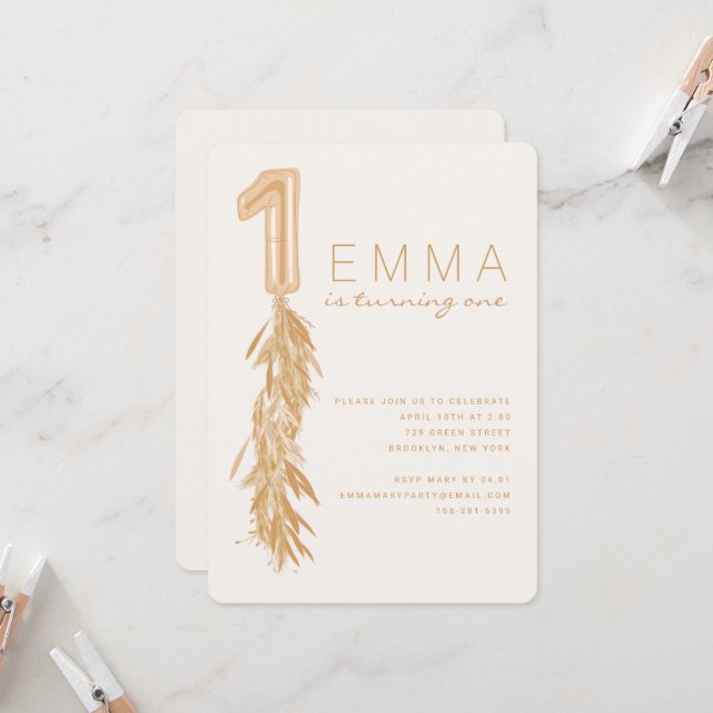 Invitation Première Anniversaire Pampas Balloon Garland Invit (Devant/Arrière en situation)