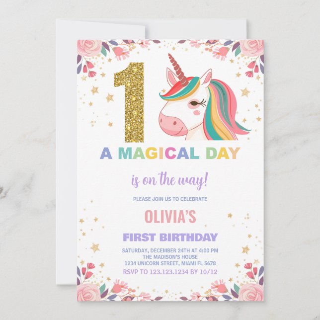 Invitation Première Anniversaire Unicorne Anniversaire Invita (Devant)