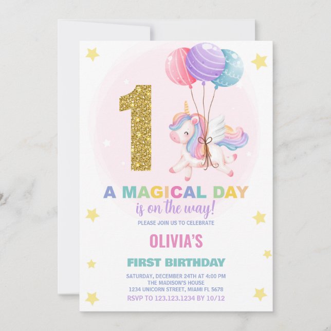 Invitation Première Anniversaire Unicorne Anniversaire Invita (Devant)