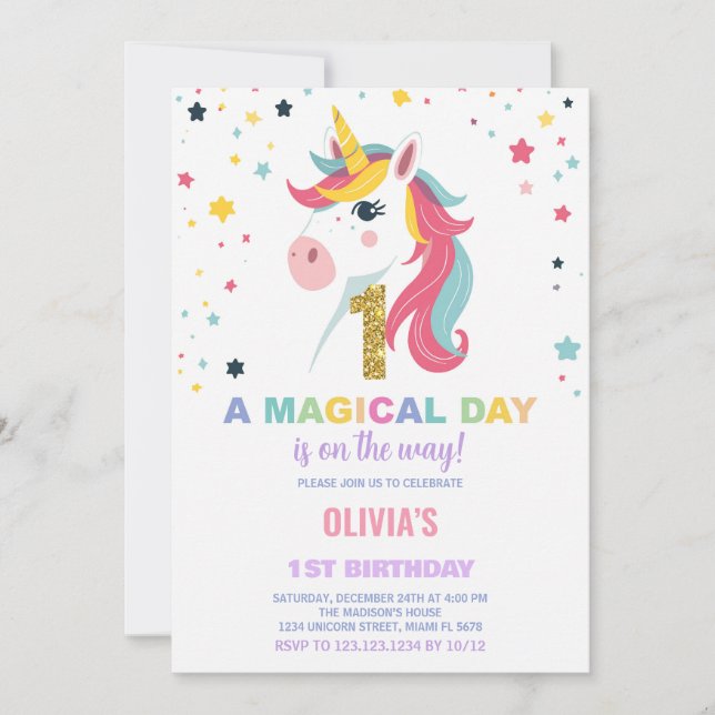 Invitation Première Anniversaire Unicorne Anniversaire Invita (Devant)