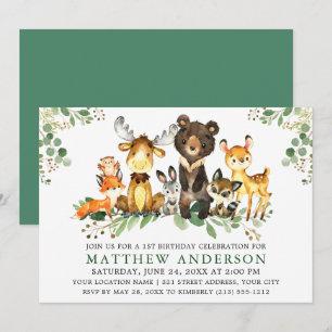 Invitation Première aquarelle d'anniversaire Animaux des bois