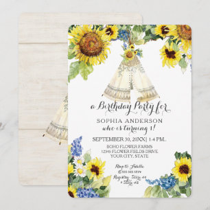 Invitation Première Aventure d'anniversaire BOHO Teepee Sunfl
