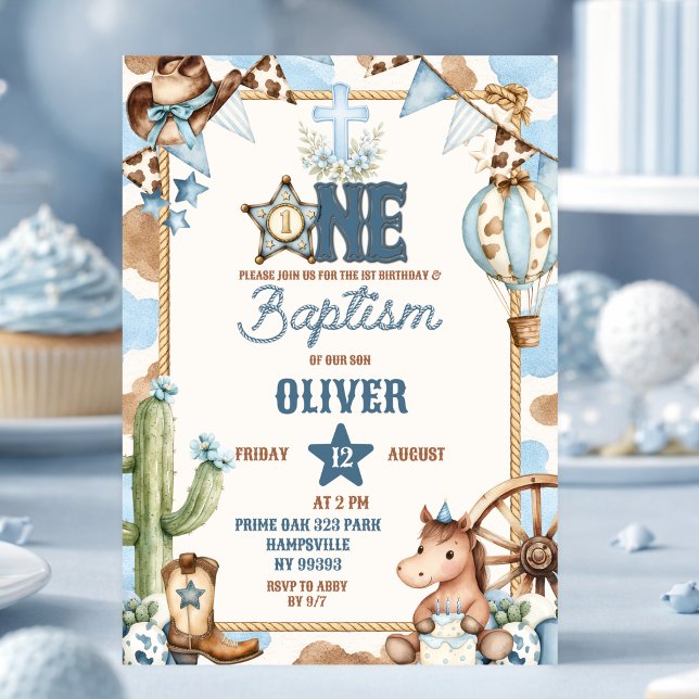 Invitation Première baptême et fête de rodéo Blue Cowboy (Créateur téléchargé)