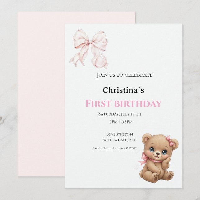 Invitation Première bougie pour bébé fille (Devant / Derrière)