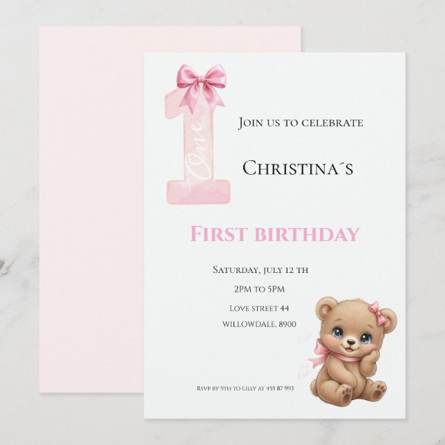Invitation Première bougie pour bébé fille (Devant / Derrière)