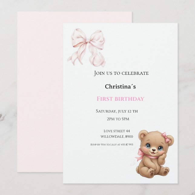 Invitation Première bougie pour bébé fille (Devant / Derrière)