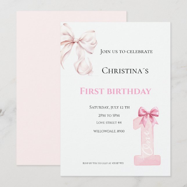 Invitation Première bougie pour bébé fille (Devant / Derrière)