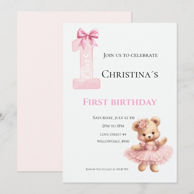 Invitation Première bougie pour bébé fille (Devant / Derrière)