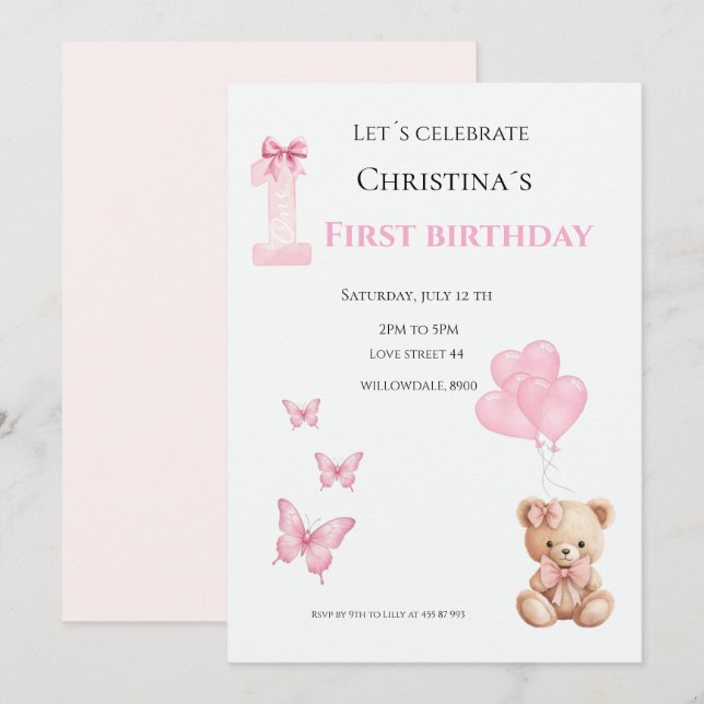 Invitation Première bougie pour bébé fille (Devant / Derrière)