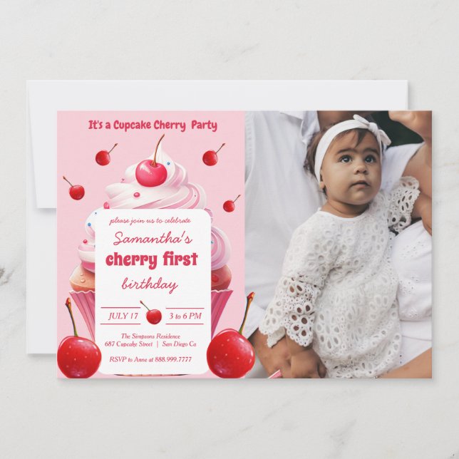 Invitation Première Cherche rose et Cupcake Anniversaire Phot (Devant)