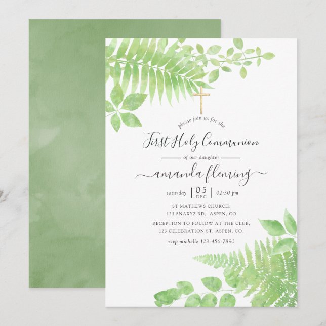 Invitation Première communion à l'aquarelle avec verdure (Devant / Derrière)