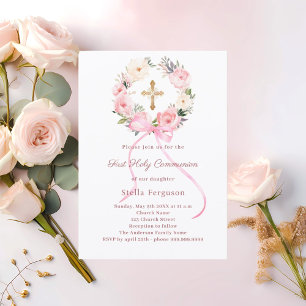 Invitation Première communion à ruban floral rose pâle