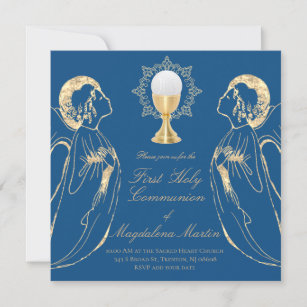 Invitation première communion adorer les anges sur le bleu cl