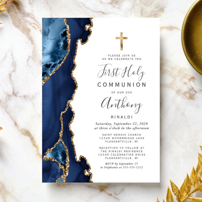 Invitation Première communion Agate Géode Bleu Paillettes Or (Créateur téléchargé)