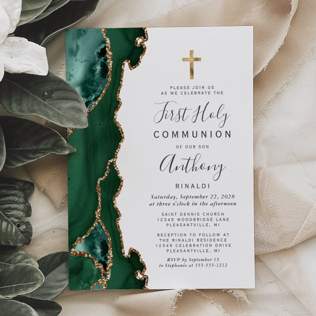 Invitation Première communion Agate Géode Vert Or (Créateur téléchargé)