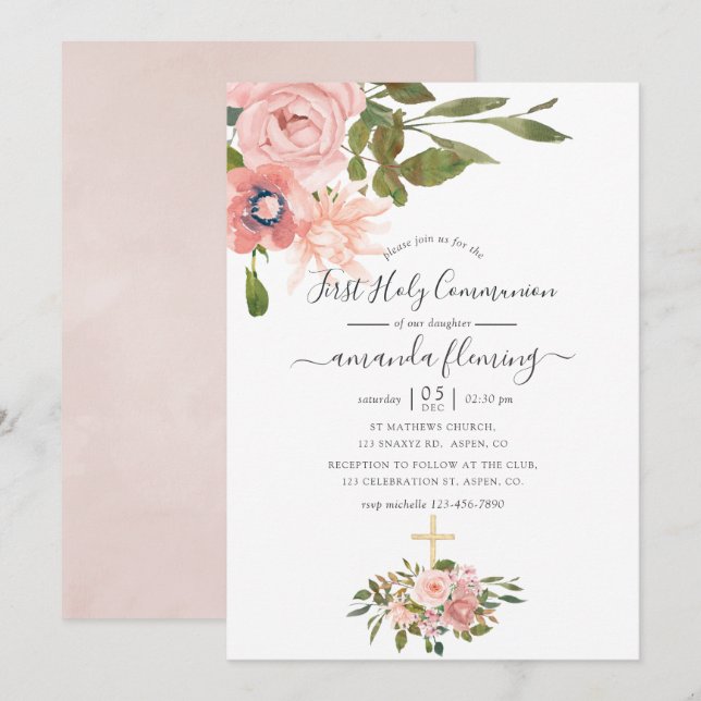 Invitation Première communion aquarelle florale Rose & Or ros (Devant / Derrière)