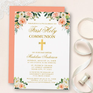 Invitation Première Communion Aquarelle Or Pêche Floral Blanc