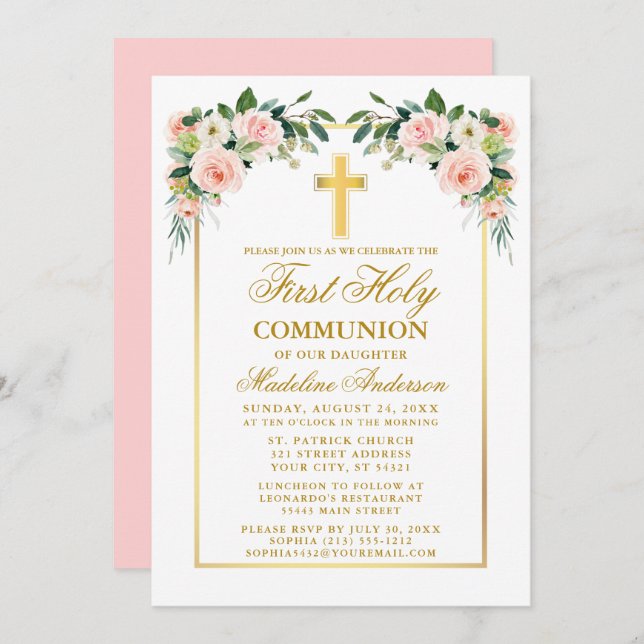 Invitation Première Communion Aquarelle Or Rose Blush Floral (Devant / Derrière)