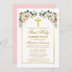 Invitation Première Communion Aquarelle Or Rose Blush Floral