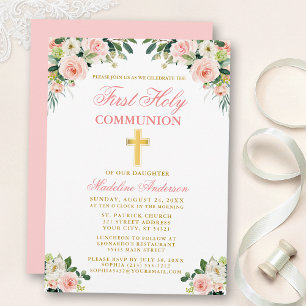 Invitation Première Communion Aquarelle Or Rose Floral