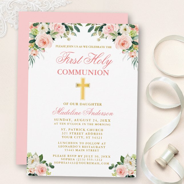 Invitation Première Communion Aquarelle Or Rose Floral (Customize to change text color, style, add text & photos to back or change color of back of card.)