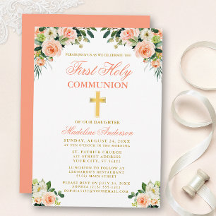 Invitation Première Communion Aquarelle Peach Blanc Floral Or