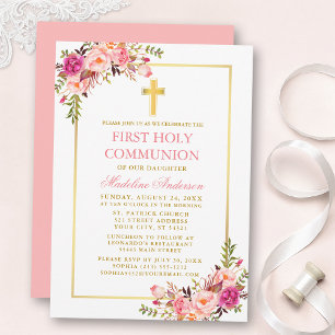 Invitation Première communion aquarelle rose floral or
