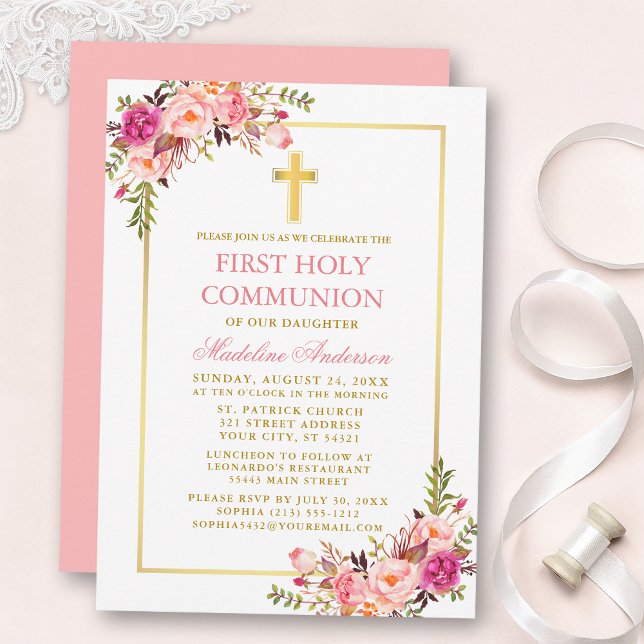Invitation Première communion aquarelle rose floral or (Customize to change text color, size, style or to change color of back of card.)