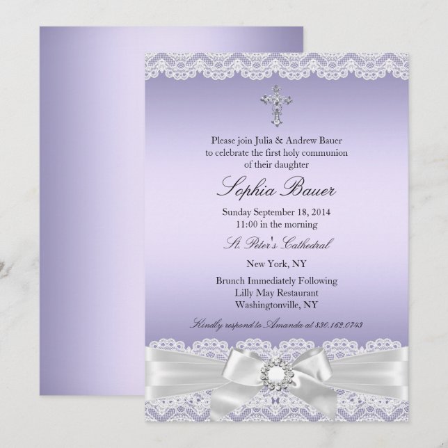 Invitation Première communion arc violet joli croix (Devant / Derrière)