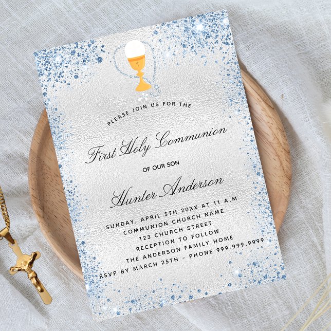 Invitation Première communion argent bleu garçon luxe (Créateur téléchargé)