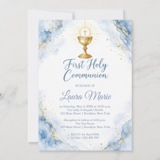 Invitation Première communion au marbre bleu aquarelle