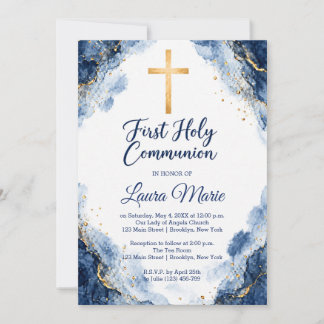 Invitation Première communion au marbre bleu aquarelle