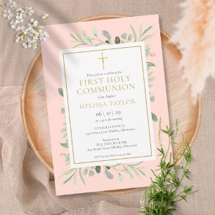 Invitation Première communion au milieu de verdure rose paste