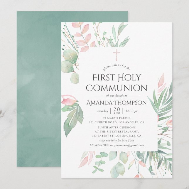 Invitation Première communion au vert pastel rose (Devant / Derrière)