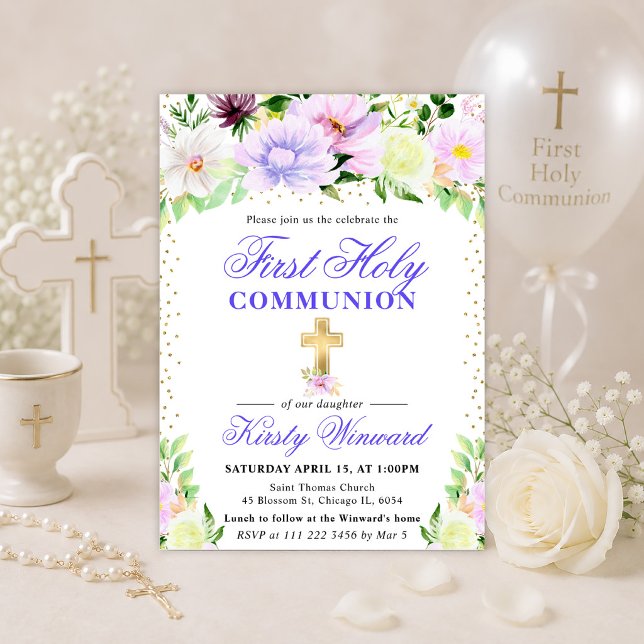 Invitation Première communion aux fleurs violettes et crème (Créateur téléchargé)