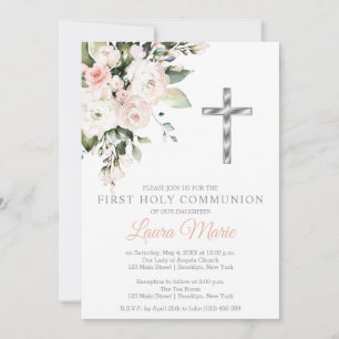 Invitation Première communion aux florales rose aquarelle