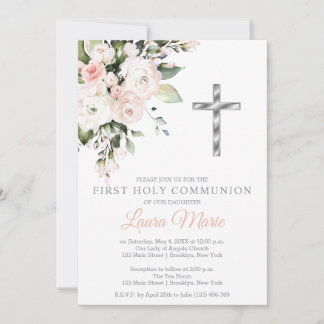 Invitation Première communion aux florales rose aquarelle
