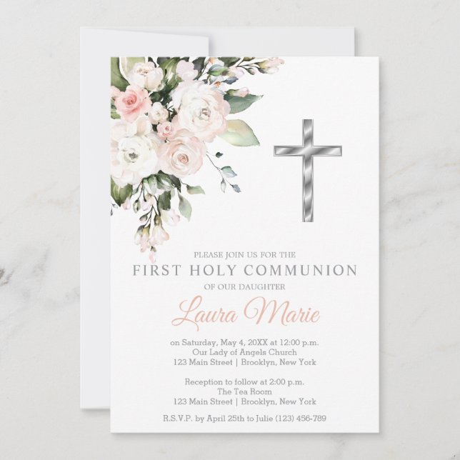 Invitation Première communion aux florales rose aquarelle (Devant)