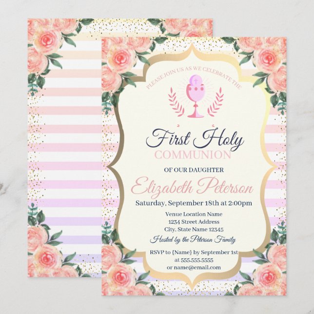 Invitation Première communion aux rayures florales et confett (Devant / Derrière)