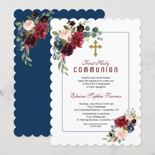 Invitation Première communion avec cadre floral bleu marine B