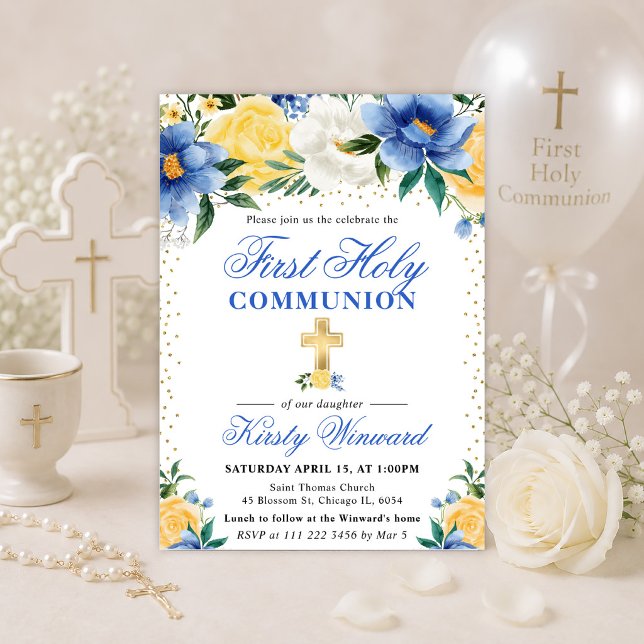 Invitation Première communion avec des fleurs bleues et jaune (Créateur téléchargé)