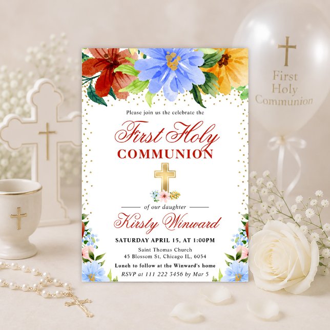 Invitation Première communion avec des fleurs rouges, jaunes  (Créateur téléchargé)