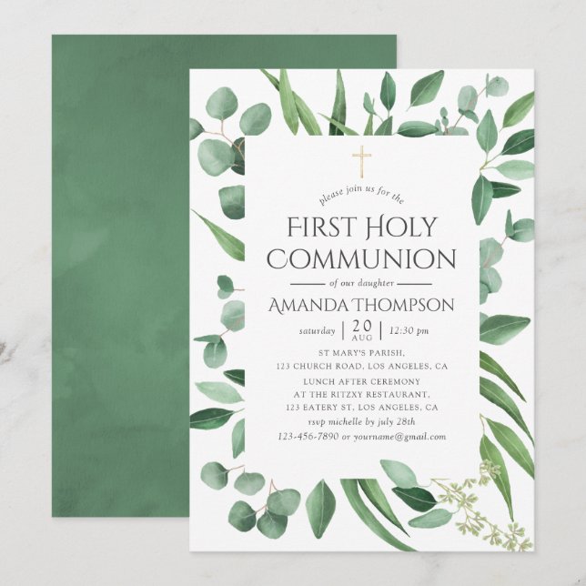 Invitation Première communion avec feuillage d'eucalyptus (Devant / Derrière)