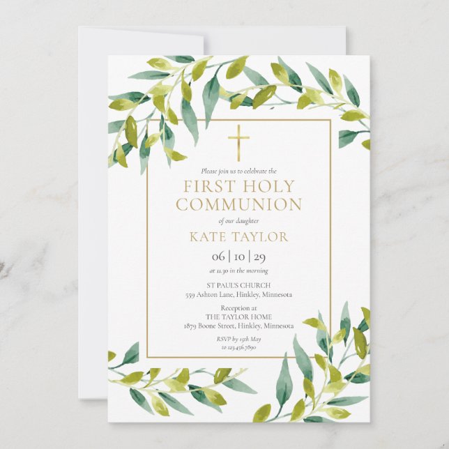 Invitation Première communion avec feuillage vert (Devant)