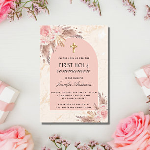 Invitation première communion avec herbe de la pampa rose blu