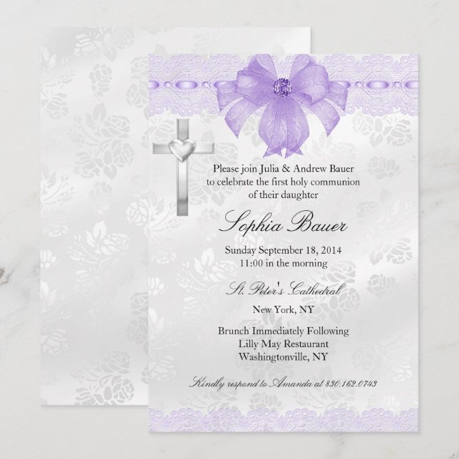 Invitation Première communion avec ruban en dentelle violette (Devant / Derrière)