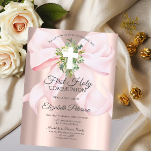 Invitation Première communion avec ruban rose et croix en fle