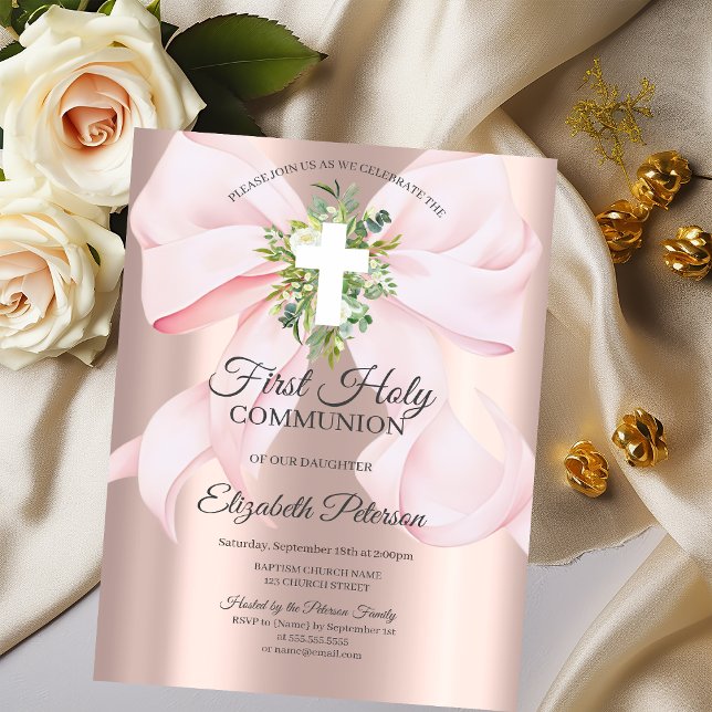 Invitation Première communion avec ruban rose et croix en fle (Créateur téléchargé)
